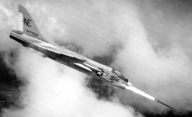 A US Navy F-8D Crusader of Fighter Squadron VF-111 “Sundowners” fires a Zuni rocket over South Vietnam in 1965. (US Navy)